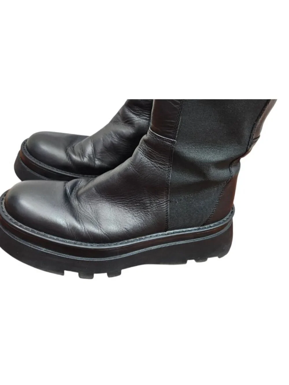 ZARA Black Leather Knee High Boots Chunky Platform Lug Sole Pull On Women Sze 41